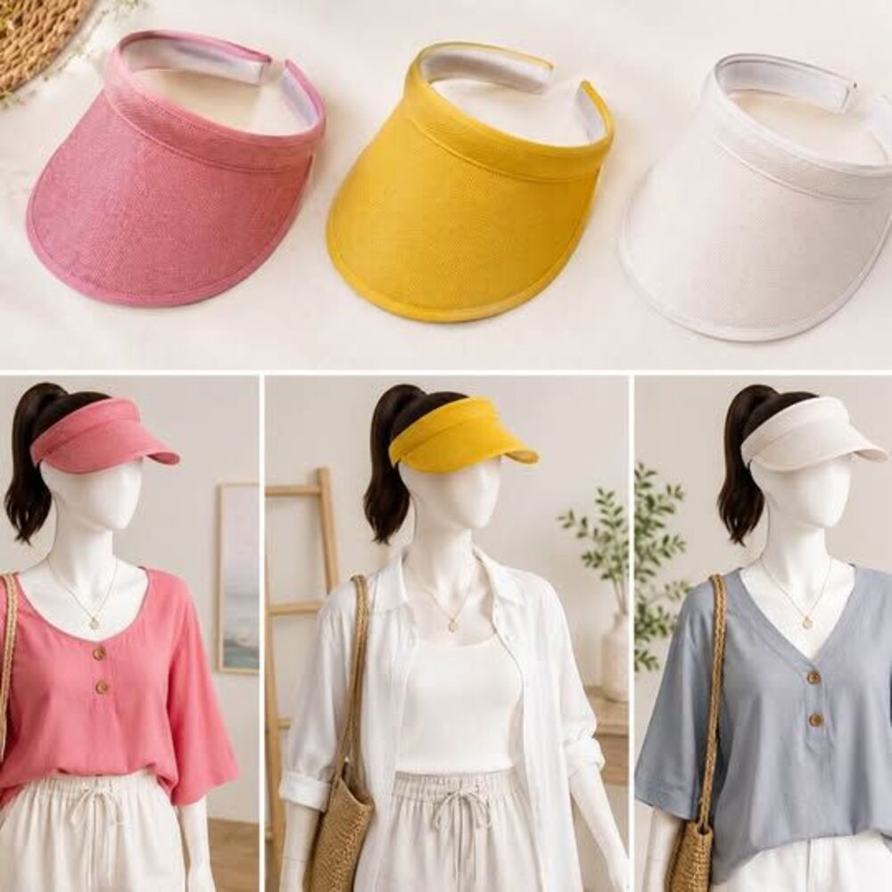 Set of 3 Retro Wide-Brim Sun Visors – Pink, Yellow & White – Beach/Resort Style
